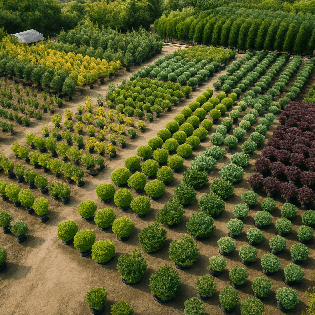 Aerial view of a plant nursery showing organized rows of various plants and trees - perfect for drone surveying and plant counting