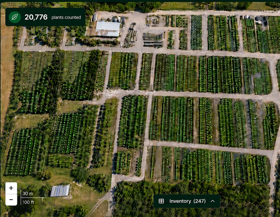 Sample PLNT deliverable: an aerial nursery map with every plant counted